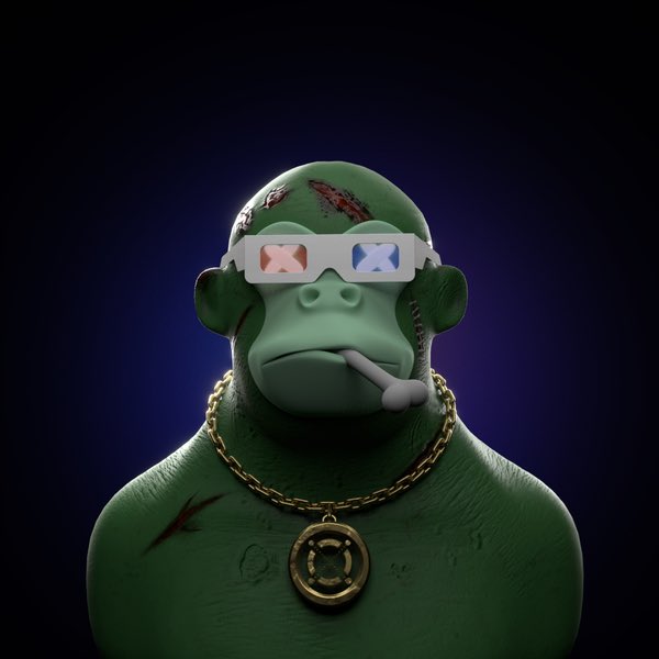 🔥 SOLD for 45 $EGLD to <a href="/Ryoshi_versX/">Ryoshi⚡️</a> 🔥

This NFT isn’t just art, it’s attitude.

The zombie ape stands out with its gritty, battle-scarred texture, 3D glasses, and that iconic gold chain that instantly gives it presence. The dark blue gradient background makes the character