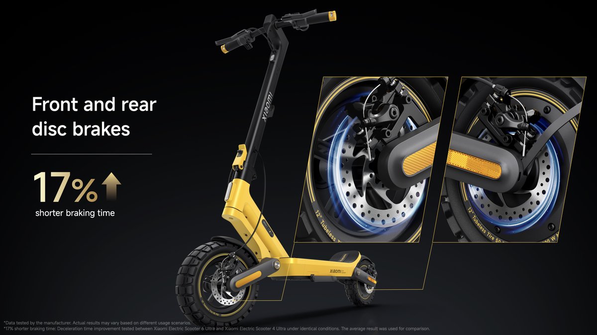 Xiaomi's tweet photo. Design. Performance. Safety. Ultra, defined.
🛴Bold design with unmistakable presence.
⚡️Up to 1200W peak power, 12-inch all-terrain tires.
🔐Upgraded disc brakes for 17% shorter braking time.
This is #XiaomiElectricScooter6Ultra, built to ride with confidence. #Xiaomilaunch https://t.co/SHNmg7Tq7n