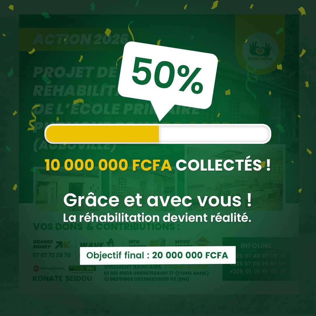 Merci pour votre générosité....

Bientôt nous allons démarrer les travaux... La collecte continue, nous avons 6 classes + 1 cantine + toilettes a réhabiliter....
Infoline: 0708956666
Dépôt🐧 : 0103828284

#solidaction #Agboville #cotedivoire #solidarité