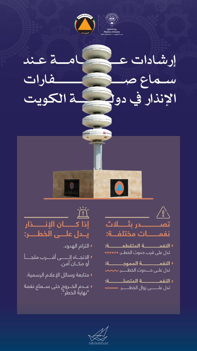 CGCKuwait's tweet photo. إرشادات عامة عند سماع صفارات الإنذار في دولة الكويت 

General guidelines when hearing sirens in the State of Kuwait

#CGCKuwait https://t.co/pBDEMH8p2a