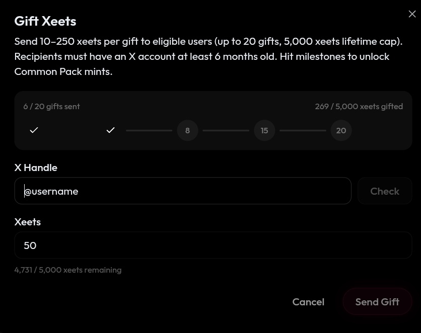 40 XEET for any 5 users all Random 

make sure : 

> join TG channel (link in bio)
> Like &amp; RT ofc comment too

already 200 xeet given to my TG community