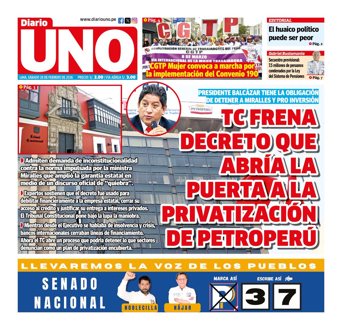 🗞️ Compartimos con ustedes la portada de Diario UNO del sabado 28 de febrero de 2026