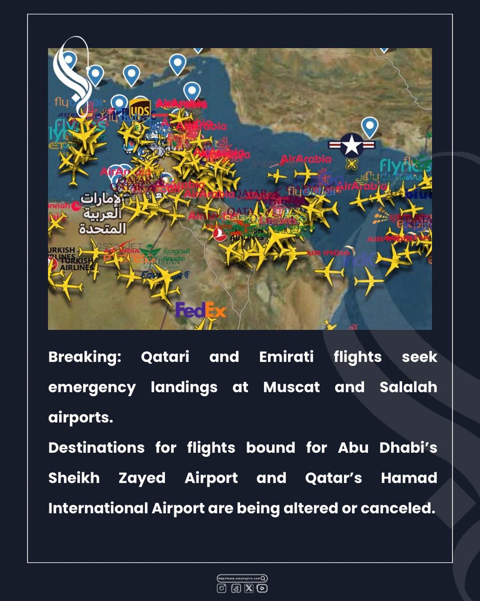 omanspire's tweet photo. 🔴Breaking: 

Qatari and Emirati flights seek emergency landings at Muscat and Salalah airports.  
Destinations for flights bound for Abu Dhabi’s Sheikh Zayed Airport and Qatar’s Hamad International Airport are being altered or canceled.
.
#طهران  #Tehran  #Qatar #قطر #UAE #Abudhabi