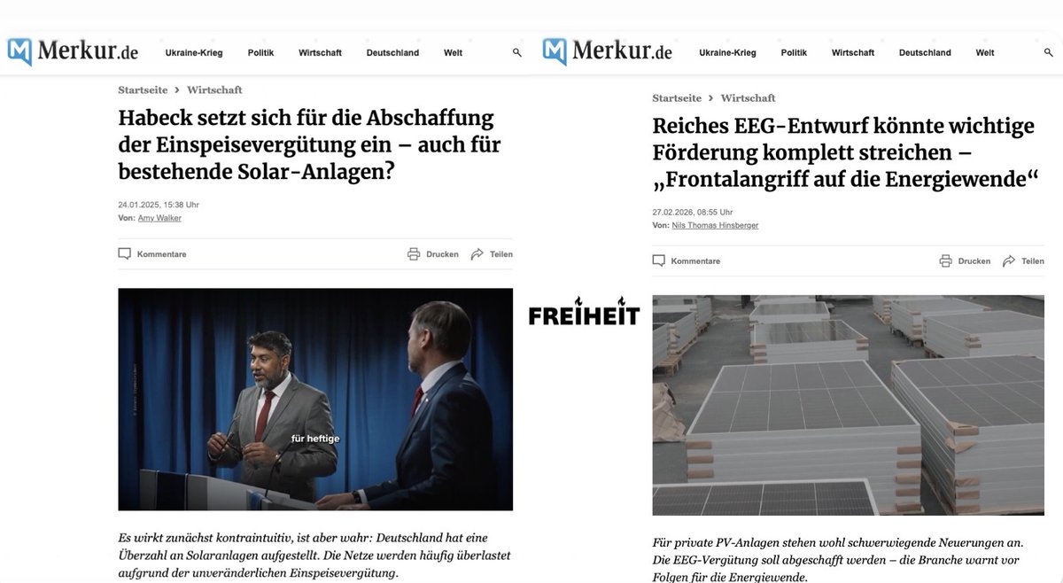 Schrödingers Einspeisevergütung für private PV:
- Habeck ist für Abschaffung 😍
- Reiche ist für Abschaffung 🤬