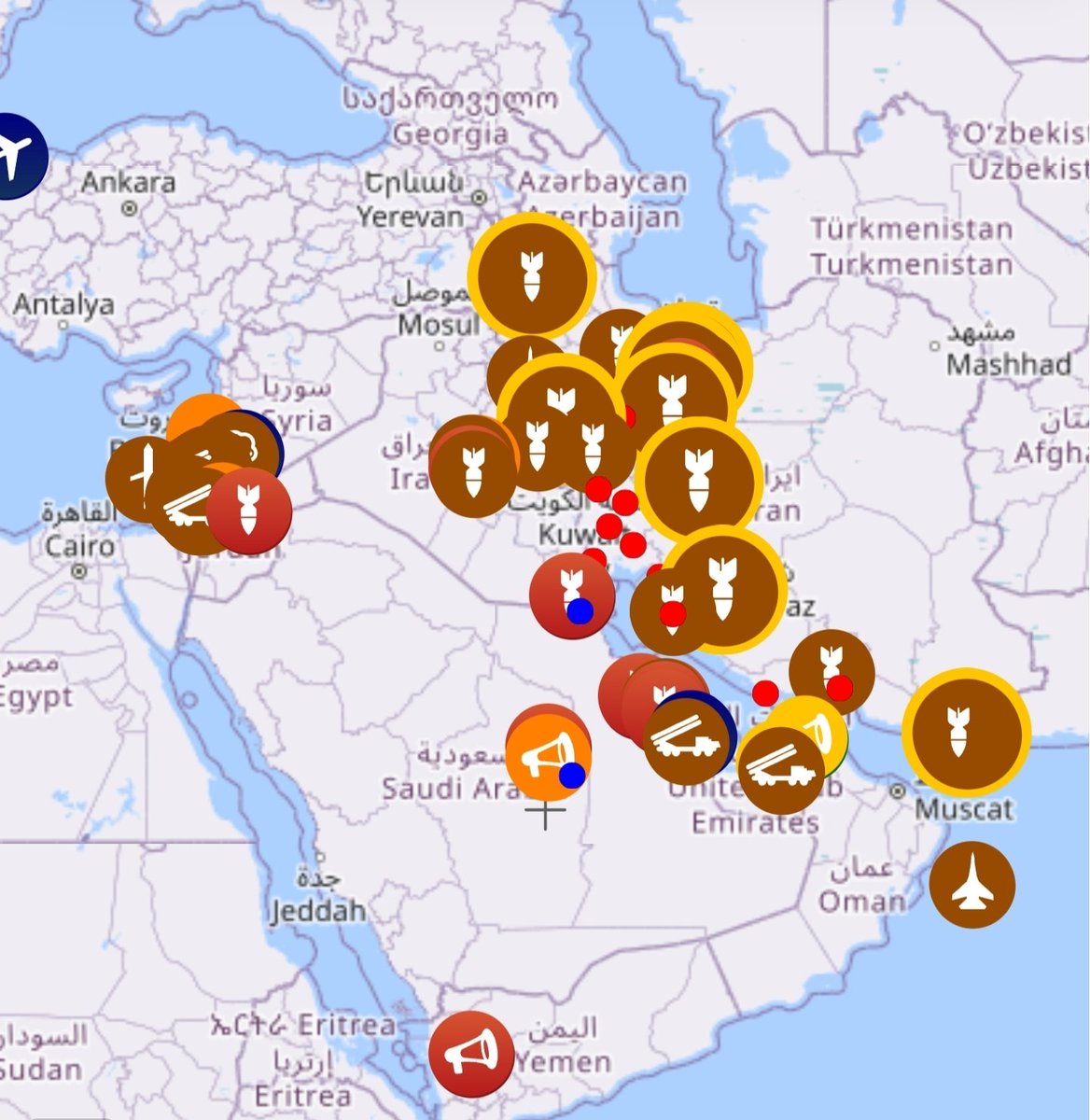 PaulFrancken's tweet photo. Oorlog Golfstaten uitgebroken. Doelwitten in Iran & omliggende landen gebombardeerd door zowel #USA als #Iran. #NOTAM boven de regio. Explosies in #Bahrein, #Koeweit, #Qatar en de Verenigde Arabische Emiraten (#VAE). In de Saudische hoofdstad #Riyad zijn ook explosies gehoord. https://t.co/gylkKka29h