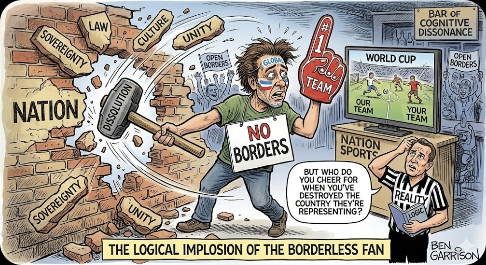 Ste_Cammy's tweet image. Ever notice the irony? People pushing for "open borders" while screaming for their favorite national team. ⚽️🏆
​Logic check: You can't have a national team without a nation to represent. If borders don't exist, how does the team? Just saying. 🤷‍♂️🇦🇺 #NationalPride #Logic