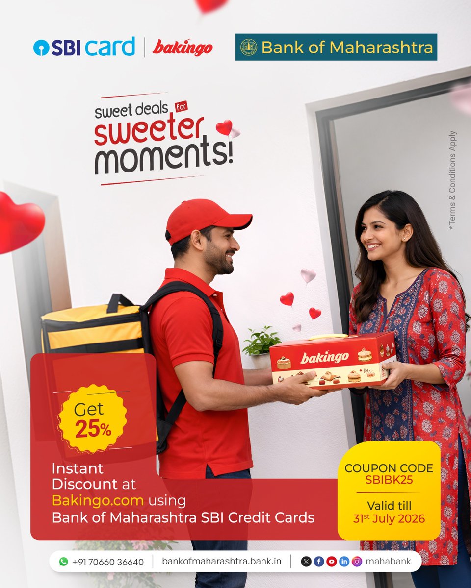 mahabank's tweet photo. Celebrate life’s sweetest moments with irresistible desserts from Bakingo. When you pay using your Bank of Maharashtra SBI Credit Card, you unlock an instant 25% savings on every treat.
Click to know more https://t.co/6SyGtu1dRt
#BankofMaharashtra #Bakingo #SBICreditCard https://t.co/wkib0ghH5o