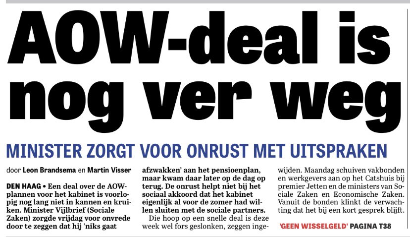 AOW-deal is nog ver weg. Vijlbrief zorgt voor onrust met uitspraken. Kabinet zit er geharnast in. Spelen met vuur lijkt mij.