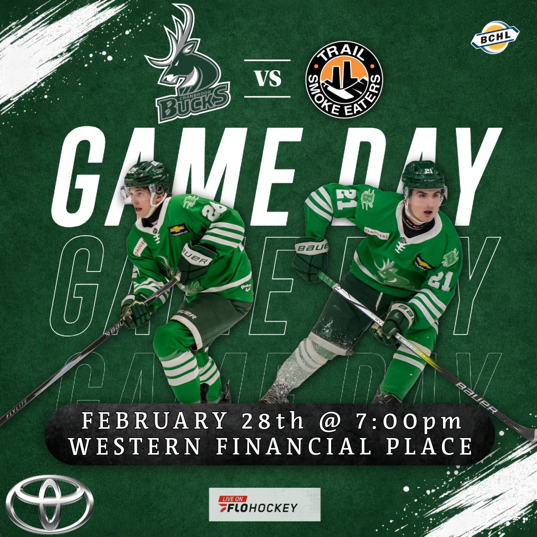 CranbrookBucks's tweet image. 🚨GAMEDAY TONIGHT!🚨

Puck drop at 7pm today as the Bucks take on the Trail Smoke Eaters!

Thank you to Cranbrook Toyota for sponsoring tonights game and intermission Games!

See you at Western Financial Place!🦌

#FearTheDeer #gobucksgo #GoBucks #bchl #jointheherd