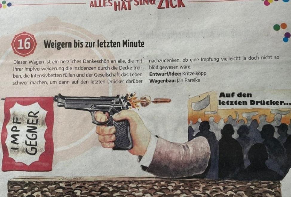 provoziert's tweet photo. Heute vor 4 Jahren:
Ein Motivwagen im Kölner Karneval   
"Impfgegner - Bis auf den letzten Drücker" https://t.co/BR3WyvpLWG