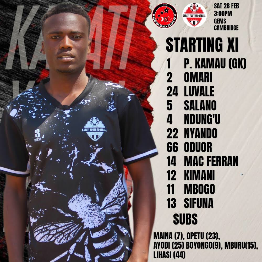 Line up locked in 🐝🐝🐝
This is how we line up against Kibera Black Stars Fc 
#Thebees