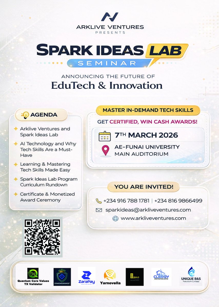 Spark Ideas Lab is coming to universities! 
Powered by <a href="/ArkLiveVentures/">Arklive Ventures</a>, we train and empower young minds with practical tech skills to prepare them for the future and Now🚀