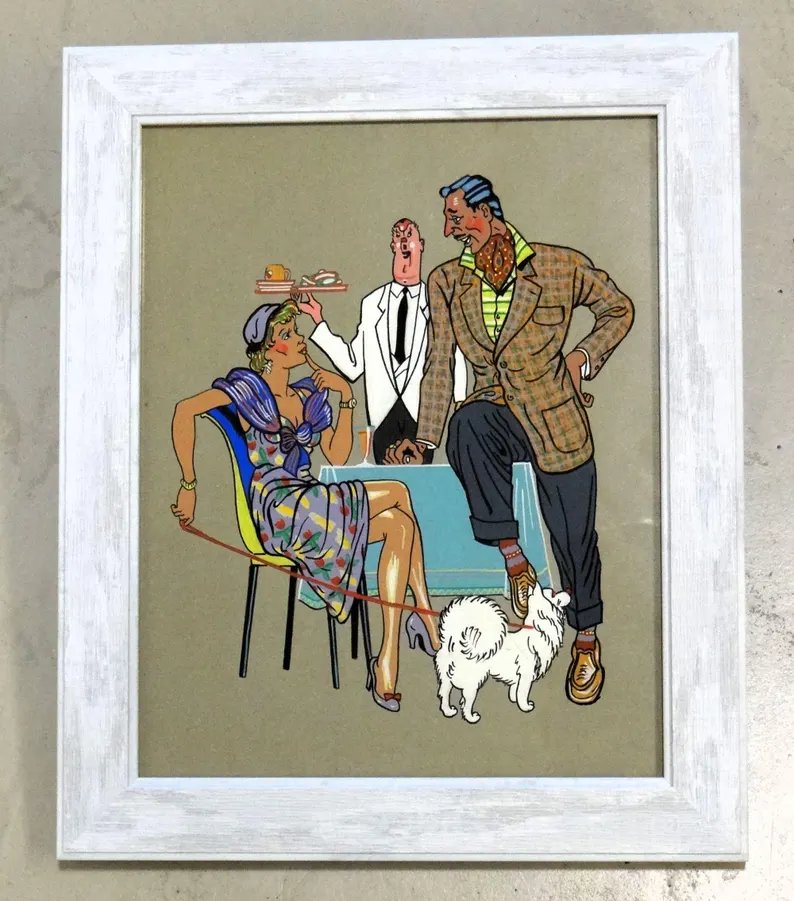 elementsdeco's tweet image. 1980s café magic in original watercolor!  Stylish couple + cute dog on sunny terrace, comic style, vibrant colors. Framed vintage, great condition. Dolce Vita joy! 
authenticbyclaire.etsy.com/listing/185217… 

#RetroArt #VintageFinds #DogLovers #ItalianCafe #ComicArt