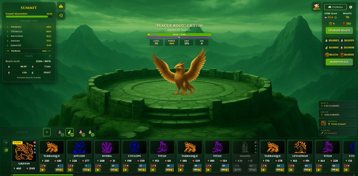 You earn 0.1 $SURVIVOR every 10 seconds you stay at the Summit.

This isn't an easy task; they'll try to poison you and take you down with upgraded Beasts

Strong progress in the <a href="/LootSurvivor/">Loot Survivor</a> Dungeon will give you a stronger standing at Summit