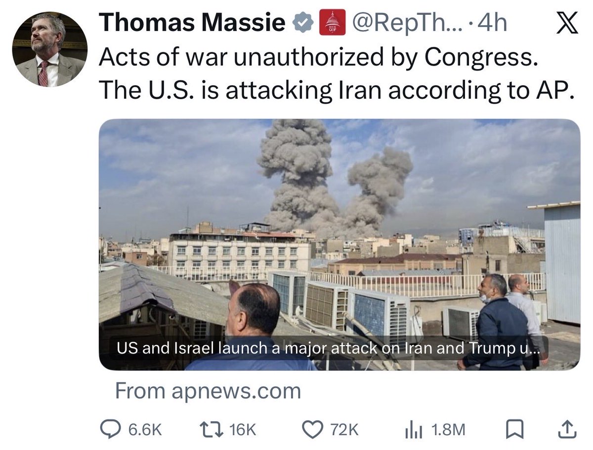 Congressman Massie says the acts of war by Trump against Iran in concert with Israel are unauthorized. 🇺🇸 🇮🇷 #usa #israel #iran