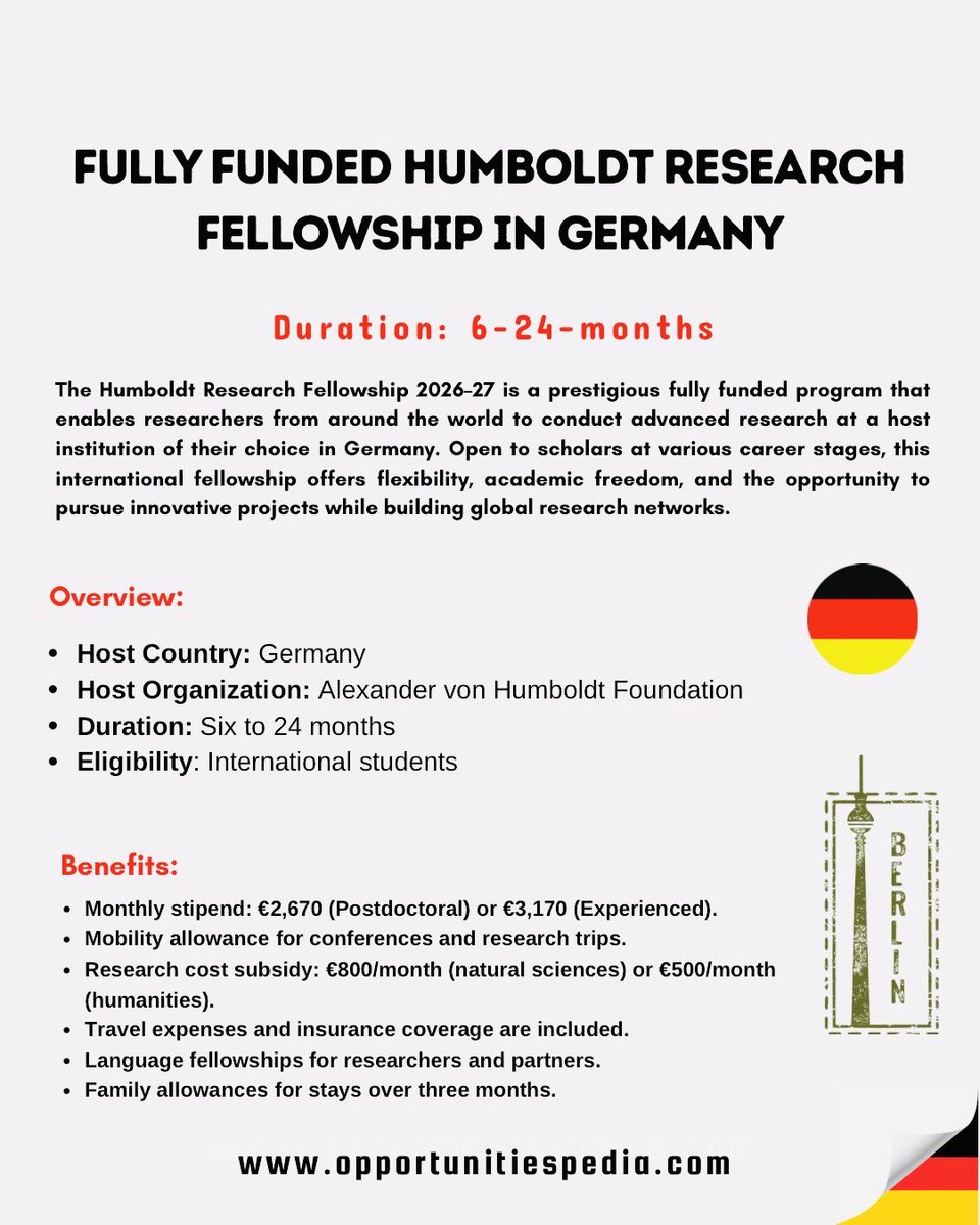 Opedia3's tweet photo. 🇩🇪 Humboldt Research Fellowship 2026 | Fully Funded in Germany 🇩🇪

Dreaming of conducting world-class research in Germany? This prestigious fellowship could be your gateway ✨

🔬 Why You Should Apply:
✔️ Competitive monthly stipend for living expenses
✔️ Travel allowance covered
✔️ Health & social insurance included
✔️ Family & child benefits (if applicable)
✔️ Dedicated research support funding

🎓 Who Can Apply?
🌍 Researchers from any country
🎓 Must have a completed PhD

📅 Deadline:
🟢 Open all year round – apply anytime, no rush!

🔗 Full details & application guide:
👉 https://t.co/3AjjJbwRg2

📢 Know someone who dreams of doing research in Germany?
👉 Tag them below & share this opportunity! 🇩🇪✨
