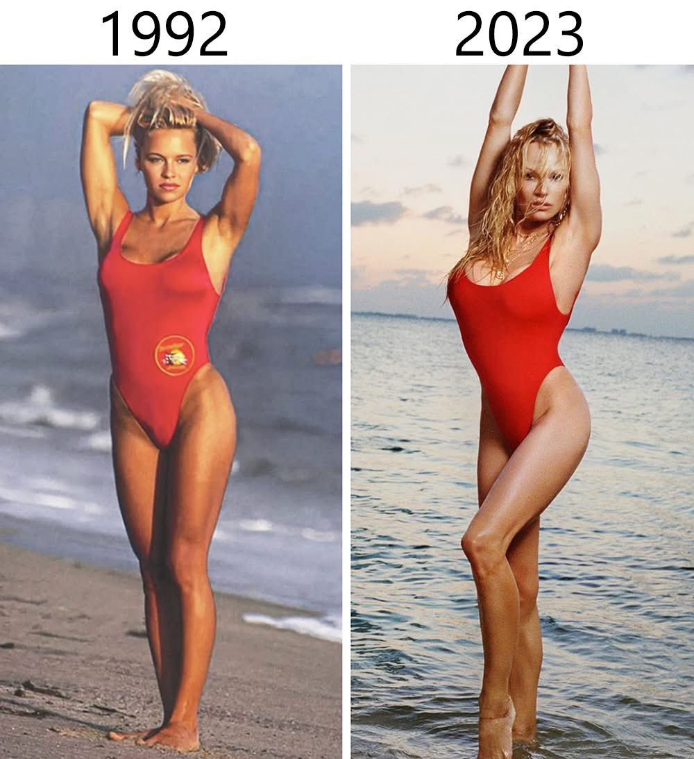 Pamela Anderson in 1992 and 2023 in her iconic 'Baywatch' look.