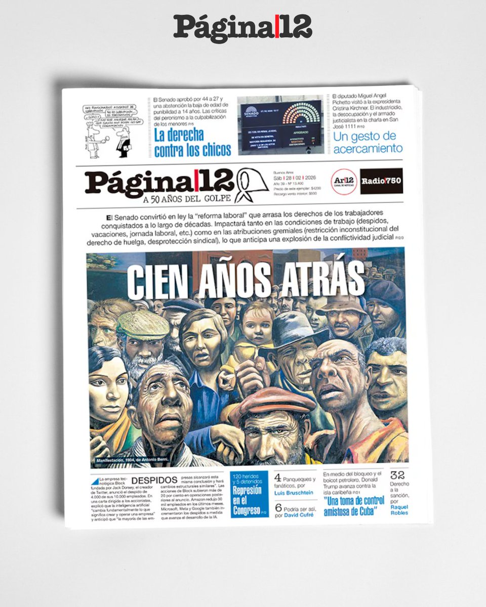CIEN AÑOS ATRÁS
El Senado convirtió en ley la "reforma laboral" que arrasa los derechos de los trabajadores conquistados a lo largo de décadas. pagina12.com.ar/2026/02/28/mil…
