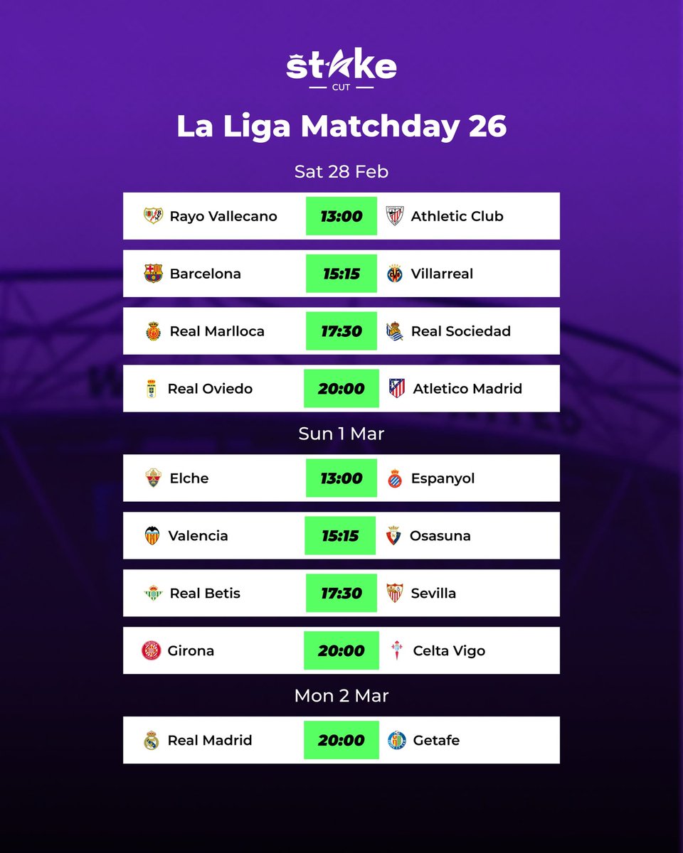 _Stakecut's tweet photo. LA LIGA matchday 26 is here 🍿

#LaLiga https://t.co/Dttrb5ULjT