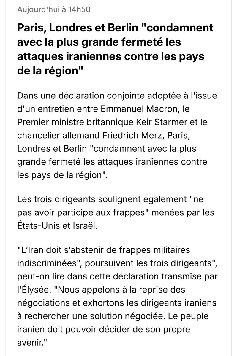 L’Iran est bombardé par les USA et Israël.

Paris, Londres et Berlin « condamnent avec la plus grande fermeté » la réponse Iranienne contre les bases d’où partent les attaques qui ciblent sa population.

Le cynisme sans bornes.