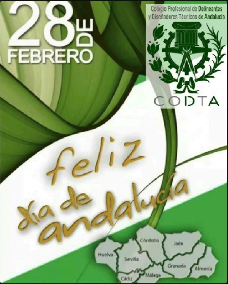 Este 28 F la Junta de Gobierno del CODTA, desea a todos/as un Feliz Día de Andalucía.
#delineantes
#codtaorg
#CGCPDelineantes
#CODTA
#formacionprofesional
#UJA
#ElExpositorProfesional
#BIM