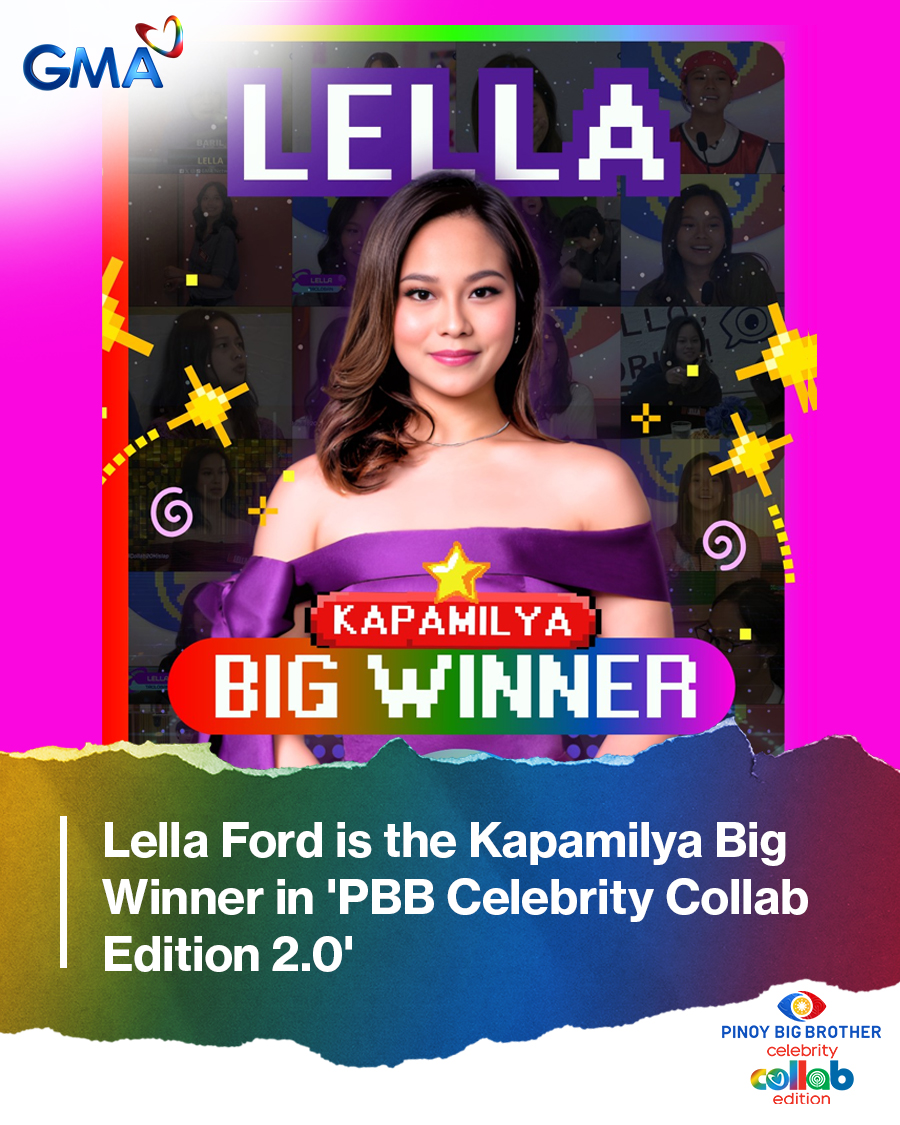 gmanetwork's tweet photo. CONGRATULATIONS, LELLA! 🌟 

Si Lella Ford ang itinanghal na Kapamilya Big Winner ni Kuya sa Pinoy Big Brother Celebrity Collab Edition 2.0.

Read more HERE: https://t.co/0AvYtGrJPP

#GMAPBBCollab https://t.co/FBFjnHGlWY