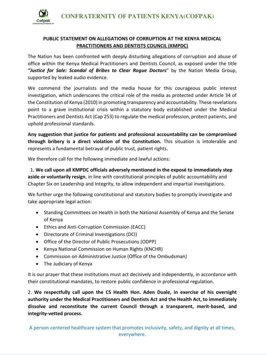Cofpak_Official's tweet photo. 📢STATEMENT ON ALLEGATIONS OF CORRUPTION AT THE KENYA MEDICAL PRACTITIONERS AND DENTISTS COUNCIL (KMPDC) @KmpdcOfficial 
A situation that is intolerable and represents a fundamental betrayal of public trust, patient rights.
cc: CS Hon. @HonAdenDuale,  PS @fnoluga PS @psmuthoni https://t.co/lufidTnYWk