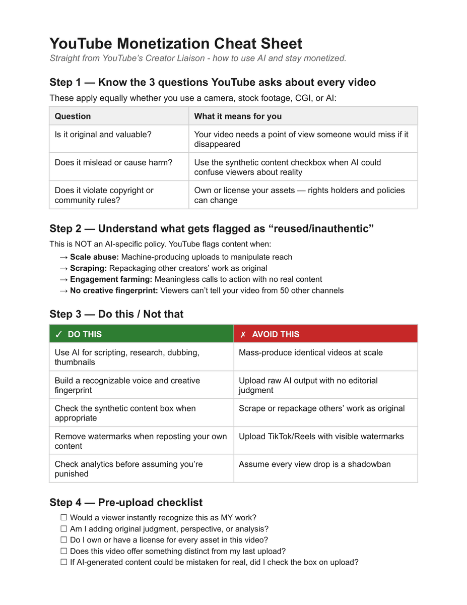 vidIQ's tweet photo. YouTube's reused content policy is getting creators demonetized left and right.

Here's a one-page cheat sheet to make sure it doesn't happen to you:

(Save this for the next time you hit upload) https://t.co/hDd8HTUwhs