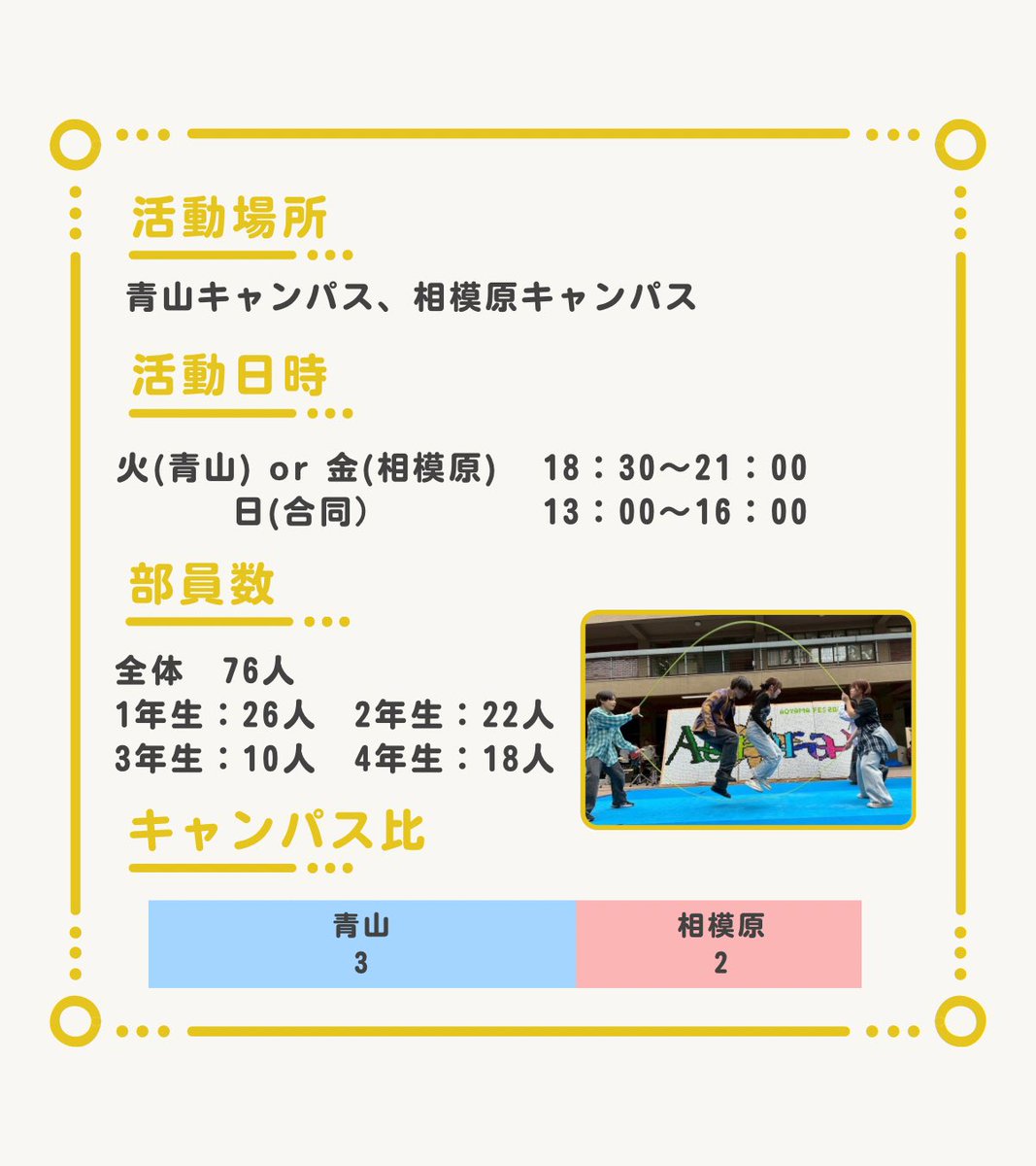 agu_oc_staff's tweet photo. \ 続・みんなが知りたい！/
🌟サークル＆クラブ情報！🌟

本日は…..
二本のロープで魅せる、アクロバティックなパフォーマンス⚡️
「Park Jack ダブルダッチ愛好会」🪢💃
@ParkJack3
をご紹介します！👏🏻📣

#青山学院大学 #青学 #春から青学 #大学生活 #サークル https://t.co/plcOEvG7mO