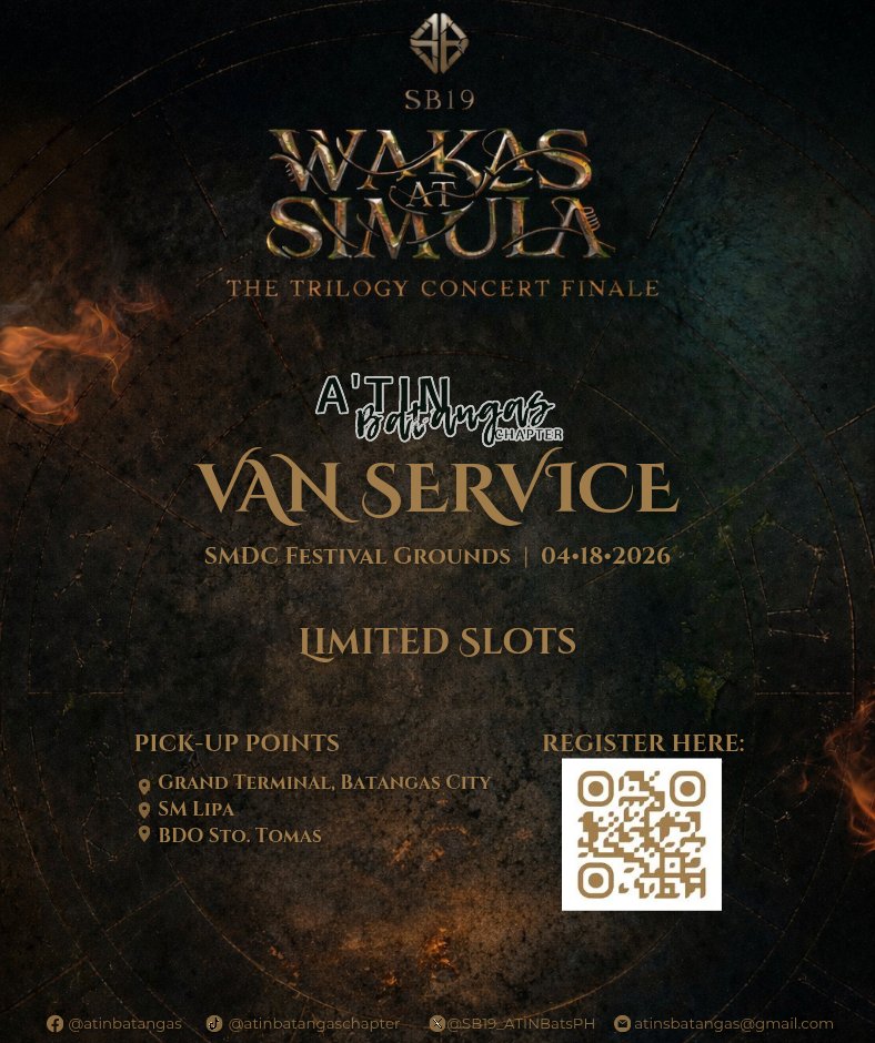A’tin Batangas! 💙 Lets experinece the WAS Trilogy Finale together!
LIMITED SLOTS now open for our van service. Secure your slot by scanning the QR code or clicking the form: forms.gle/PYjEQqHPwcatG6…

<a href="/SB19Official/">SB19 Official</a>
#WakasAtSimula #SB19
#SB19WakasAtSimula #SB19WaS