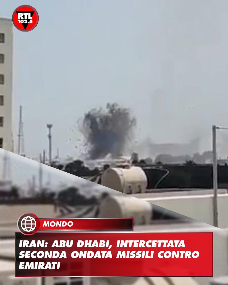 rtl1025's tweet photo. 📌 Gli Emirati arabi uniti hanno reso noto di aver intercettato "con successo" una seconda ondata di missili lanciati dall'Iran, con alcuni frammenti caduti su #AbuDhabi, questa volta senza causare vittime, dopo che stamattina era rimasto ucciso un civile. Lo ha reso noto il ministero della Difesa emiratino.

📸: ANSA/ Frame da video X / Ariel Oseran