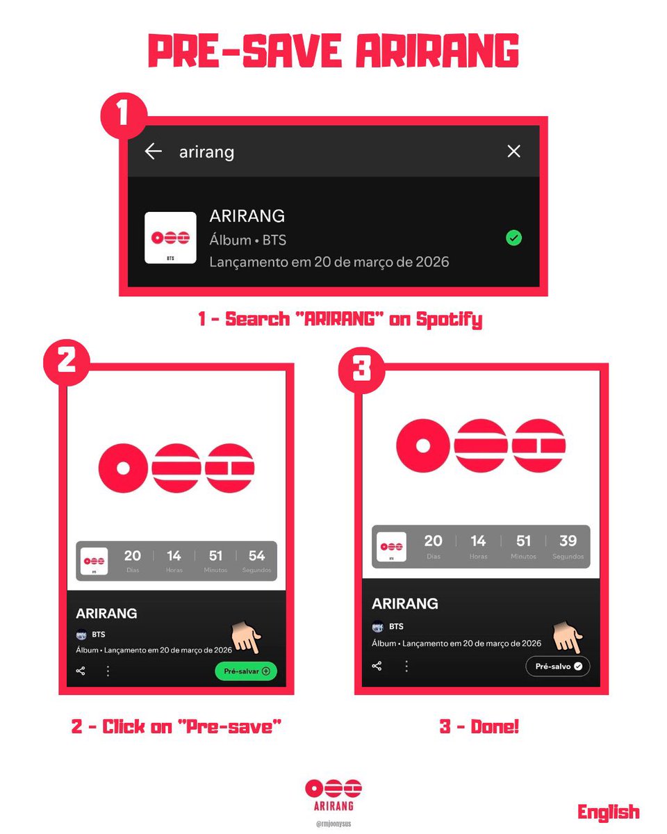 🚨ATENÇÃO🚨

COPIE E REPOSTE! 

Se você é ARMY, faça o pré save de ARIRANG no Spotify. Isso ajuda o desempenho do BTS e entrega suas músicas para mais pessoas. 

Se esse Tweet passou por você, comente as tags abaixo: 

PRE SAVE ARIRANG ON SPOTIFY
#PreSaveARIRANGOnSpotify