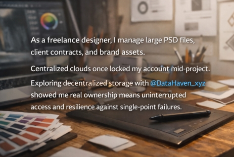 rales68's tweet photo. As a freelance designer, I handle large PSD files and client contracts daily. A centralized cloud once locked my account mid-project. Using decentralized storage with @DataHaven_xyz gives me control, reliable access, and protection from single-point failures.

@DataHaven_xyz https://t.co/xXdf6VtVV0