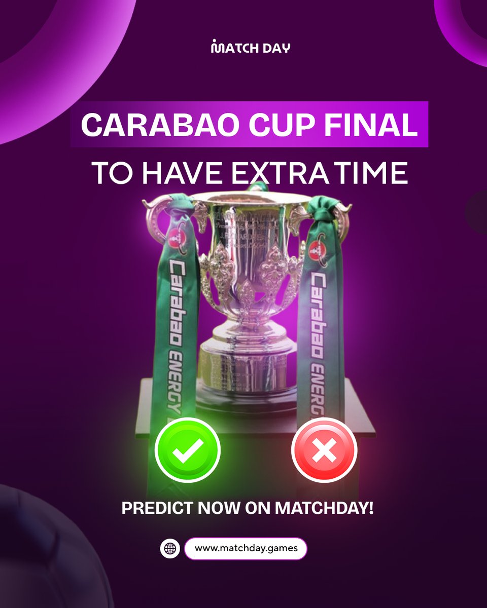 MatchdaygamesHQ's tweet photo. One goal could settle it.

Will 90 minutes be enough…
Or are we heading to extra time? ⏳

Predict now on MatchDay.

#MatchDay #FootballNight #CarabaoCupFinal https://t.co/uT5axsLEer