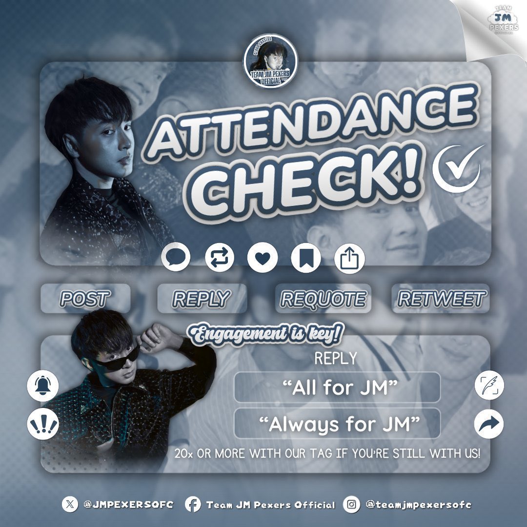 JMPEXERSOFC's tweet photo. 𝗔𝗧𝗧𝗘𝗡𝗗𝗔𝗡𝗖𝗘 𝗖𝗛𝗘𝗖𝗞  ˳ᐟ

Cloud Chasers, it’s roll call time! Who’s here and tweeting with us?

Reply “All for JM” and/or “Always for JM” with our tag twenty times or more if you’re tweeting with us!

Reply • Retweet • Requote • Engage

UNFORGETABOLABOL JMFYANG
#AlmostUsSaMayoNa