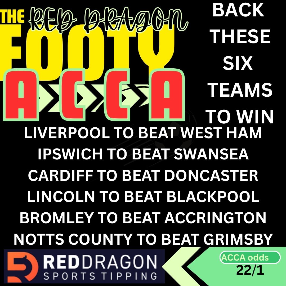red_dragon3112's tweet image. HERE IS OUR 6 FOLD ACCA FOR you to have a look at. Pays 22/1

GOOD LUCK

#reddragonsportstipping #freebets #freetips #footballskills #footballnews #football #footballacca #footballbets #Winners #winningbets #bet365 #premierleague #league1 #league2 #championship

Red Dragon Sports