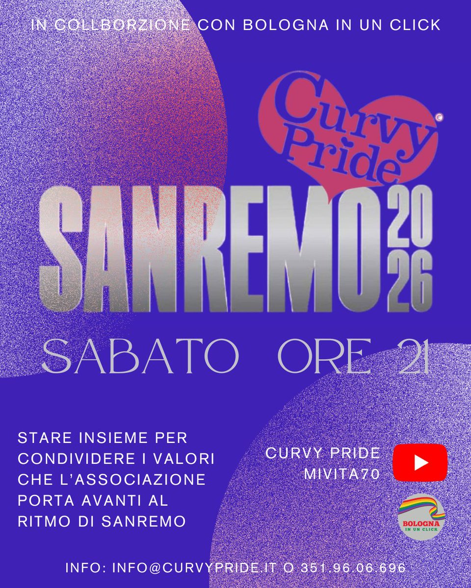 curvypride_real's tweet photo. #Sanremo2026 
GUARDIAMOLO e COMMENTIAMOLO INSIEME
 📍Quando: Sabato ore 21:00
 ✨Dove: Sul canale YOUTUBE di Curvy Pride ( https://t.co/FoYglYR0zc)
Se, invece, vuoi partecipare alla diretta scrivi a info@curvypride.it o mwhatsapp al 3519606696 https://t.co/haSltLLe34