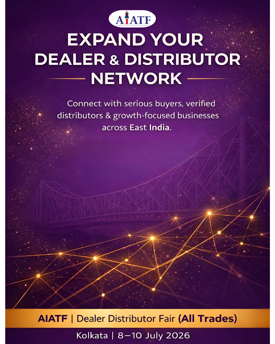 AIATF360243's tweet photo. Serious about expanding your dealer &amp; distributor network?

The Dealer Distributor Fair (All Trades) brings East India’s key decision-makers to one platform.

📍 Kolkata | 8–10 July 2026
Stall bookings open.
#DealerDistributorFair #AIATF #B2BTrade #KolkataBusiness https://t.co/VL3OKLTRoX