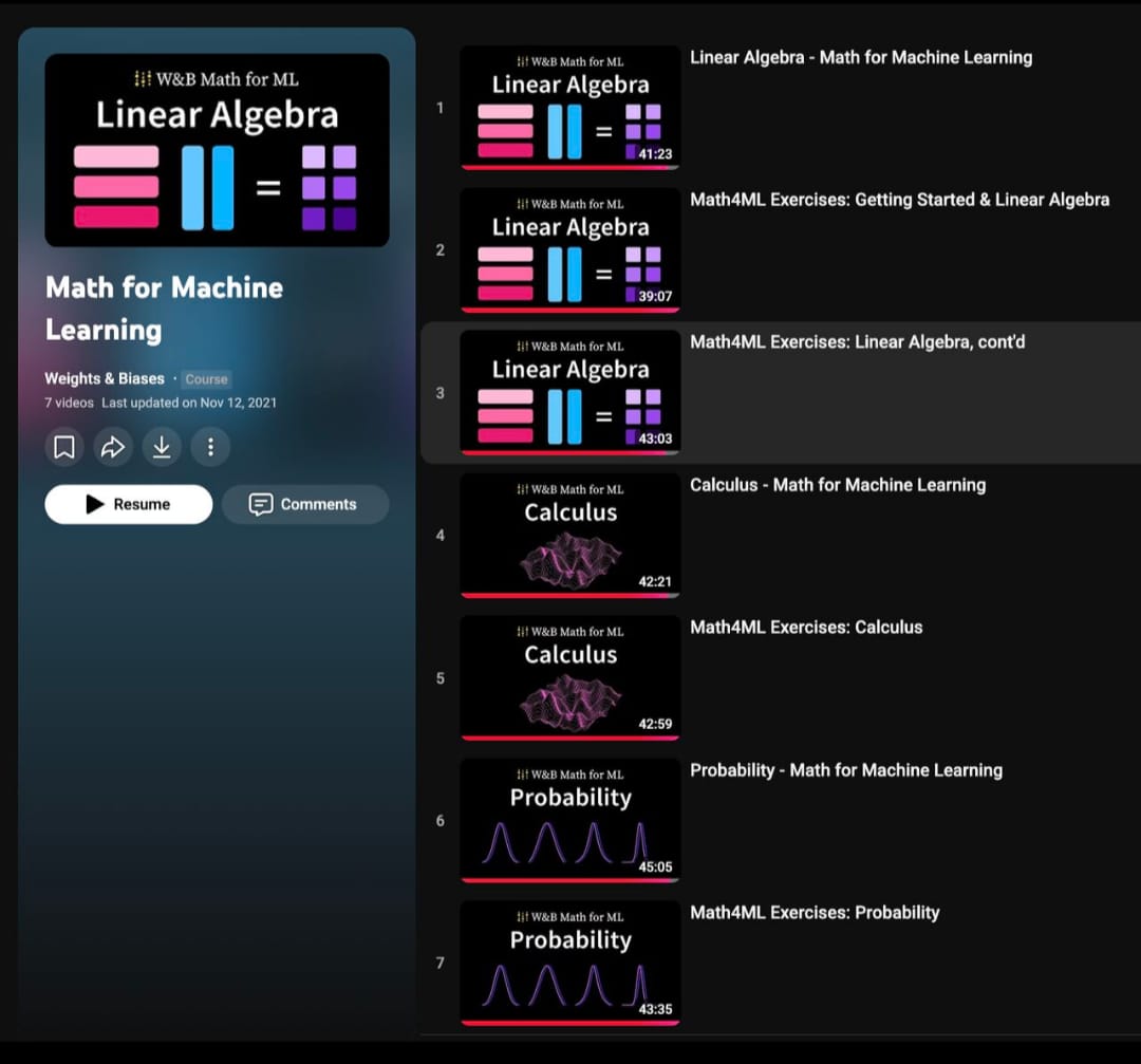dkare1009's tweet photo. Most people jump directly into Machine Learning. Without understanding the MATHS behind it.

This playlist fixes that: https://t.co/hza92IhT2Y

What it covers:

Linear Algebra (vectors, matrices, transformations)

Calculus (gradients, optimization)

Probability (uncertainty, distributions)

Hands-on exercises to build intuition

This is the math used

Neural Networks

LLMS

Deep Learning

And the best part > it's explained visually and intuitively.

No unnecessary theory. Only what ML engineers actually need.

If you want to go beyond tutorials and truly understand ML: Learn the math. Everything becomes easier.

Repost to help others & follow for more..

Check my profile if you are planning to level up in Al