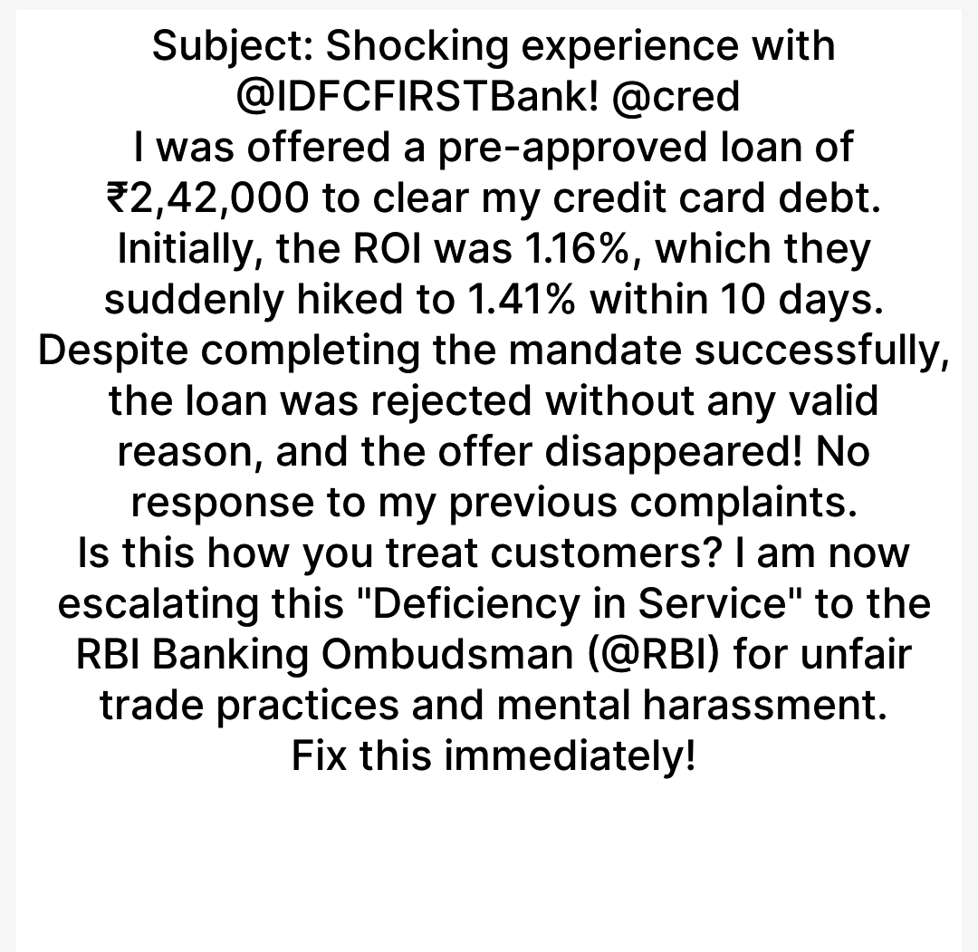 priteshkharadi1's tweet image. If this issue is not resolved within 48 hours, I will be forced to file a formal complaint with the RBI Banking Ombudsman and the Consumer Forum @IDFCFIRSTBankBI @CRED_support @CRED_club #BankingOmbudsman #ConsumerRights #BadService @IDFCFIRSTManagement @DasShaktikanta