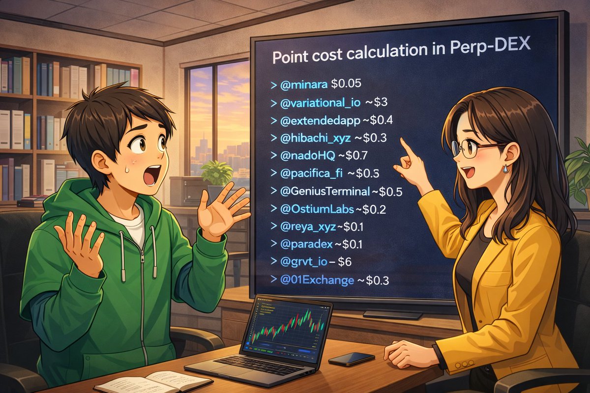 Price of points in 12 perps ✍️

> <a href="/minara/">Minara AI</a> $0.05
> <a href="/variational_io/">Variational</a> ~$3
> <a href="/extendedapp/">Extended</a>~$0.4
> <a href="/hibachi_xyz/">Hibachi</a> ~$0.3
> <a href="/nadoHQ/">Nado</a> ~$0.7
> <a href="/pacifica_fi/">Pacifica</a> ~$0.1
> <a href="/GeniusTerminal/">Genius</a> ~$0.5
> <a href="/OstiumLabs/">Ostium</a> ~$0.2
> <a href="/reya_xyz/">Reya</a> ~$0.1
> <a href="/paradex/">Paradex</a> ~$0.1
> <a href="/grvt_io/">Grvt</a> - 6$
> <a href="/01Exchange/">01.xyz</a> ~$0.3

Minara bonus