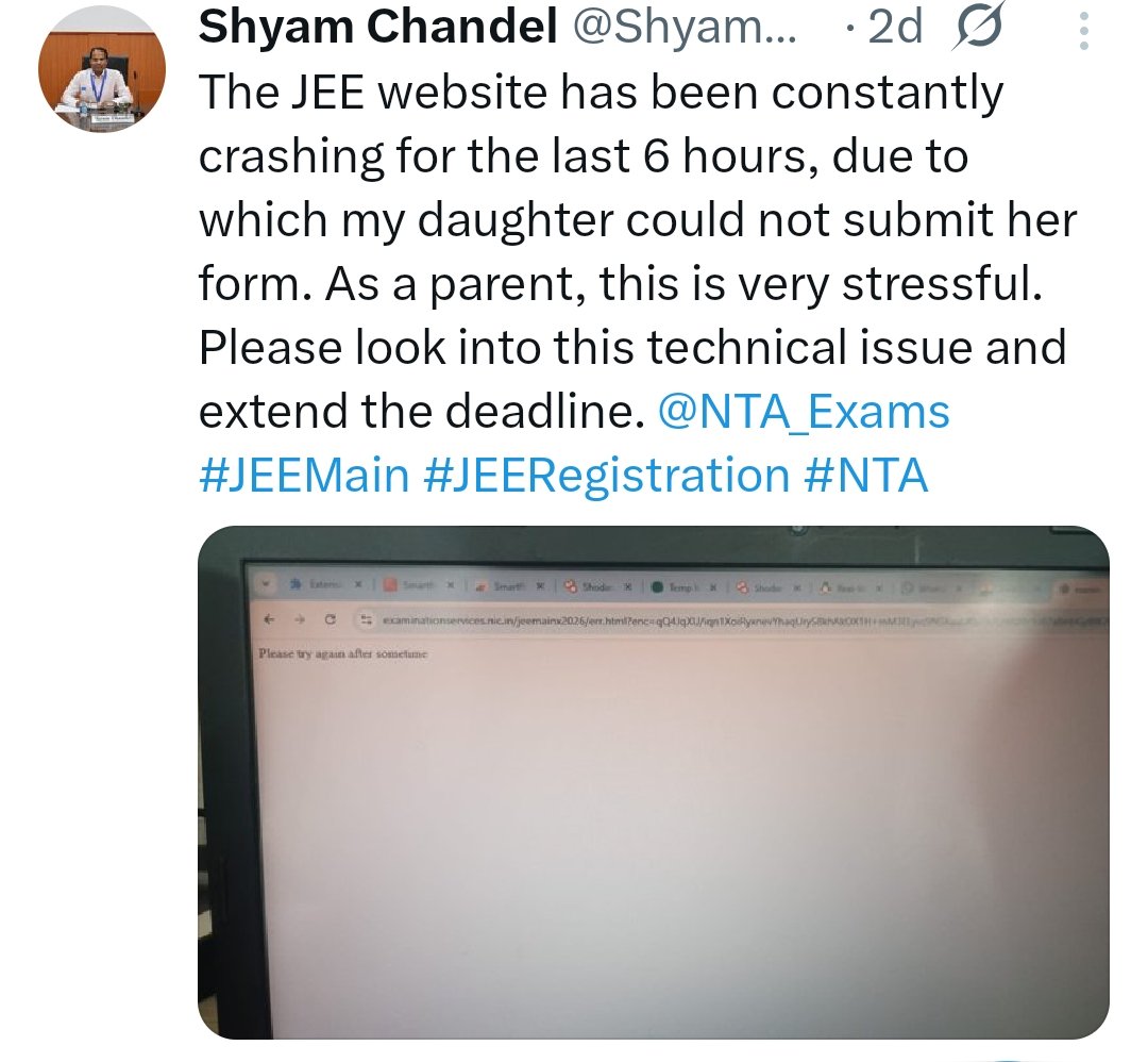 iamhumbleindian's tweet photo. @dhruv_rathee On 25th Feb,JEE registration site crashed,it was the last day and students are fighting solo on X, none of them have a blue tick or following for visibility. This is unethical NTA needs to take responsibility for its failure and reopen the portal. Pls retweet.
#ExtendRegistration https://t.co/m8u7BYr4Lj