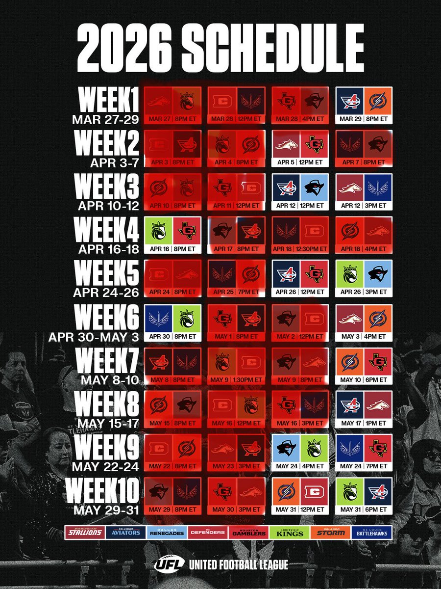 Scott_Powell04's tweet photo. For reference, here are all the games I will be able to watch for this 2026 @TheUFL season (the red are games I’ll miss) #UFL #SpringFoootball https://t.co/psgYo6i2nd