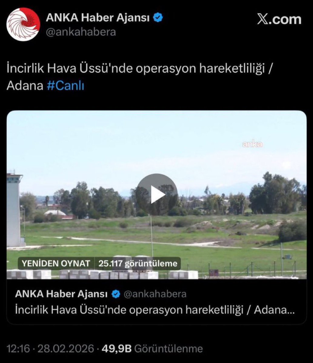 🔴#SONDAKİKA | Adana Cumhuriyet Başsavcılığı İncirlik Hava Üssü’ne ilişkin görüntülerin ANKA Haber Ajansı tarafından canlı yayınlanmasına yönelik resen soruşturma başlattı