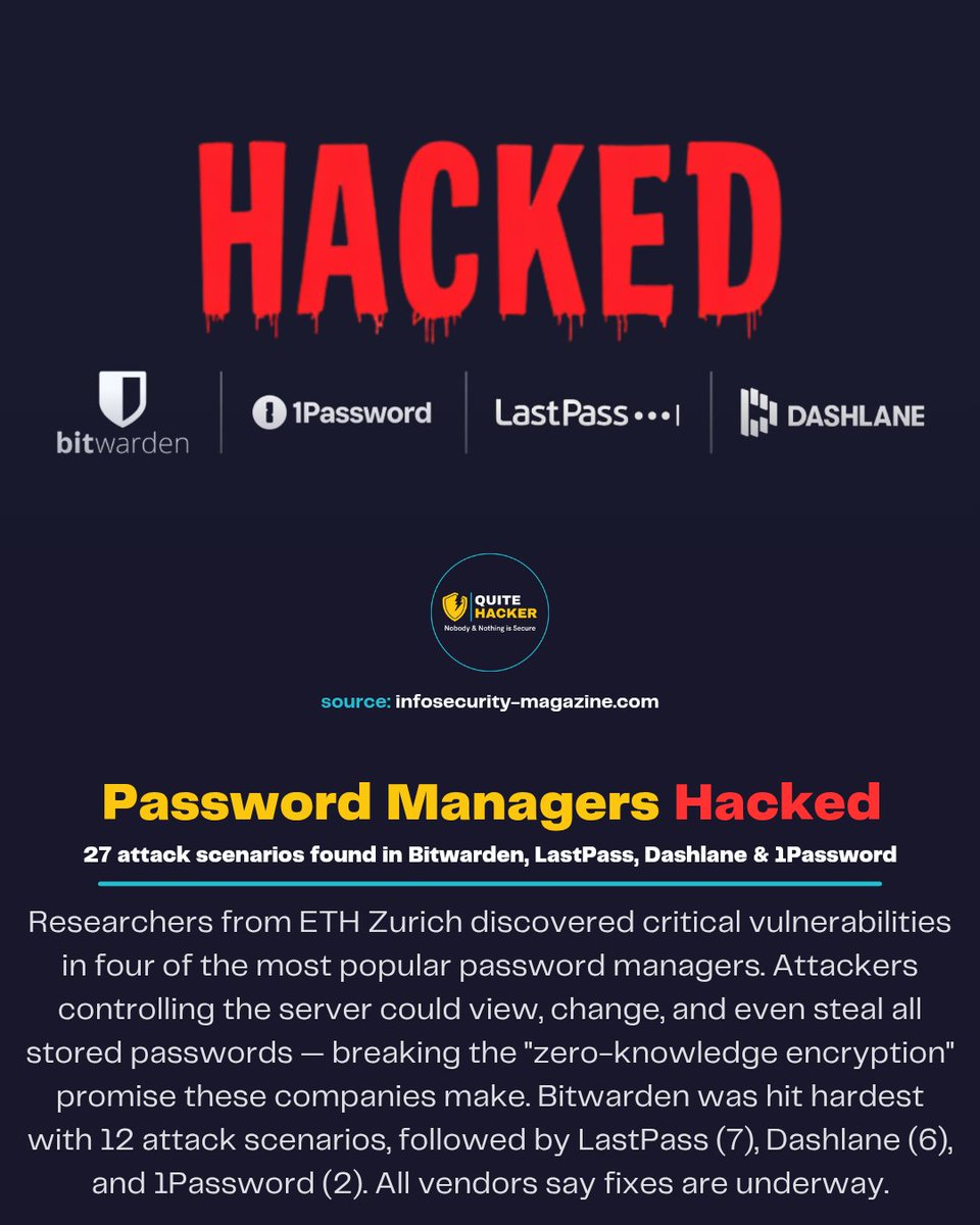 QuiteHacker's tweet photo. 1Password came out the strongest thanks to its "secret key" system. The other three are actively patching.

What password manager do you use? Still trust it? 👇

source: https://t.co/OxfU2hKSNT

#passwordmanager #bitwarden #lastpass #1password #dashlane https://t.co/UACNpw2KzN