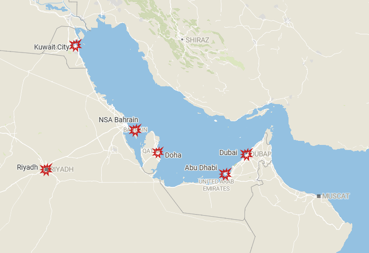 Osinttechnical's tweet photo. US/Israeli strikes on Iran are growing into a regional conflict, with Iranian missile attacks already reported on a number of Gulf countries.

NSA Bahrain took a direct hit, at least one person was killed in Abu Dhabi, and ballistic missile hits were reported in Dubai and Kuwait. https://t.co/XPXlOV9q7L