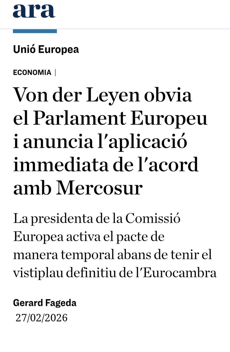 La fanàtica de l'agenda 2030 i Mercosur Ursula <a href="/vonderleyen/">Ursula von der Leyen</a> ha decidit aplicar el tractat amb Mercosur sense esperar  la resolució del Tribunal de Justícia de la UE (TJUE) , en contra de <a href="/Europarl_EN/">European Parliament</a> i estats com el francés, polonès i altres. Aquest acte, aprofitant un buit