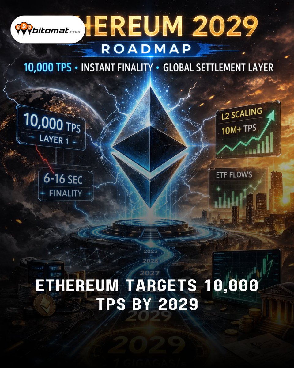 bitomat_cy's tweet photo. Ethereum’s new roadmap aims to turn the network into a high-speed settlement layer by 2029, targeting 10,000 TPS on Layer 1 and near-instant finality in seconds.

#Ethereum #ETH #CryptoNews #Blockchain #CryptoMarket https://t.co/LaRypKDztC