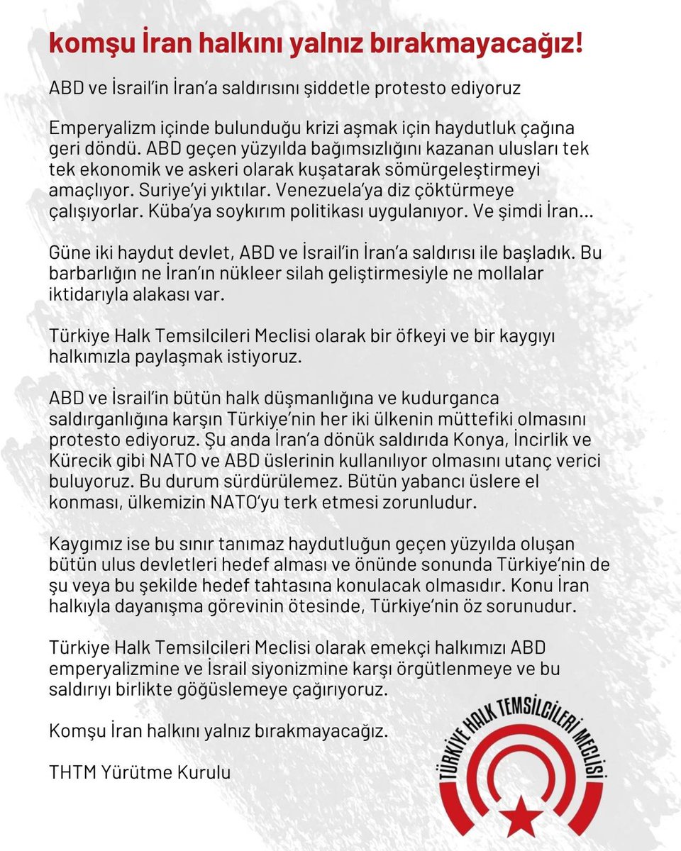 ABD ve İsrail’in İran’a saldırısını şiddetle protesto ediyoruz!

Emperyalizm içinde bulunduğu krizi aşmak için haydutluk çağına geri döndü. ABD geçen yüzyılda bağımsızlığını kazanan ulusları tek tek ekonomik ve askeri olarak kuşatarak sömürgeleştirmeyi amaçlıyor. Suriye’yi