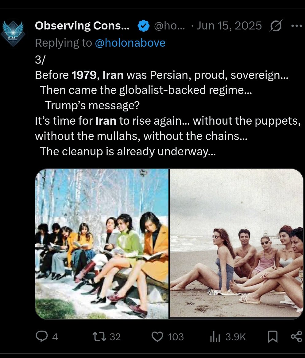 holonabove's tweet photo. BREATHE... THIS IS NOT WW3...

This Is the Liberation of Iran

The precision strikes today hit the regime power centers straight on... Parliament buildings... intelligence hubs... nuclear sites... propaganda networks and cyber systems...

This is the moment the Iranian people have been waiting for... Trump spoke directly to them... take over your government... this is your hour of freedom... stay safe... we are with you...

I have been mapping this exact sequence for years... we are watching the 1979 overlay get dismantled so Iran can return to its natural state... a proud sovereign Persian nation once more...

Iran is coming home... pre 1979 Iran stood tall as a modernizing powerhouse full of cultural depth and Persian pride... it flowed with the world as a true partner... 

This is Make Iran Great Again happening live... the strikes open the space for the people to rise and restore their heritage without the mullah chains holding them back...

As the control layer falls the long engineered threat narrative dissolves with it... decades of justification for proxy wars arms deals and manufactured division across the Middle East lose their foundation... the entire boogeyman system is being taken apart...

This accelerates real regional alignment... Gulf states already advancing through the Abraham Accords framework can now build strong partnerships with a freed denuclearized Iran...

Saudi Arabia, the UAE, a sovereign Persia... all stepping into shared economic strength and genuine stability...

Even fresh paths in BRICS+ open for a nation no longer exporting revolution...

With the main boogeyman removed the bigger picture shifts... attention turns naturally... deeper layers become visible and addressable...

Saving Israel for last finally makes sense in the full sequence...

Everything is according to plan... the patterns I have tracked are unfolding perfectly...

Iran your hour has arrived... reclaim your proud Persian spirit... the Middle East releases its longest running distraction and steps into real organic peace...

This is how the future is born, stay aware family... a great day is here...